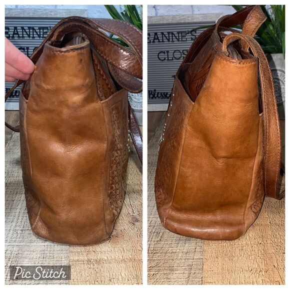 Texian Leathers tooled leather studded pony hair fur shoulder bag purse brown - Picture 11 of 13